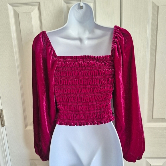 Anthropologie Raspberry Magenta Deep Pink Velvet Smocked Long Sleeve Top XXS - Picture 14 of 14